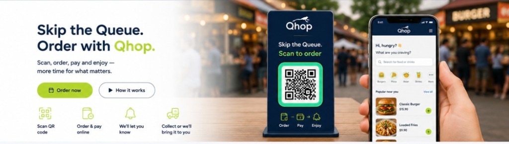 Qhop QR scanner stand and mobile ordering at a live event food market